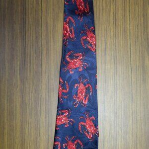 Men's Fratello Hand Made Navy Blue Tie with Red Crab Print